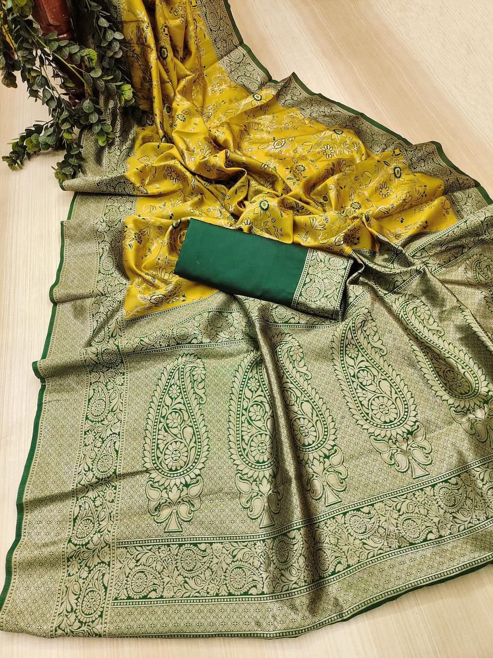Mustard Yellow Soft Silk Saree with Rich Green Jacquard Pallu -FALL and PICO STITCHED- Unstitched Blouse Piece
