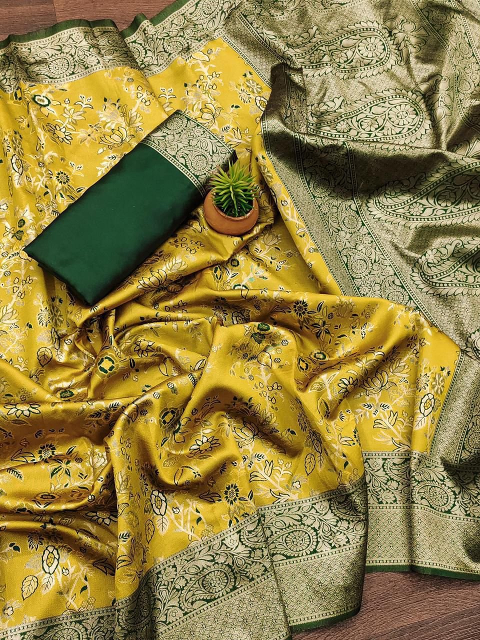 Mustard Yellow Soft Silk Saree with Rich Green Jacquard Pallu -FALL and PICO STITCHED- Unstitched Blouse Piece