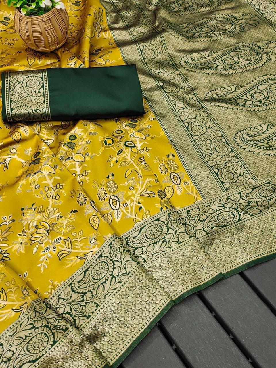 Mustard Yellow Soft Silk Saree with Rich Green Jacquard Pallu -FALL and PICO STITCHED- Unstitched Blouse Piece