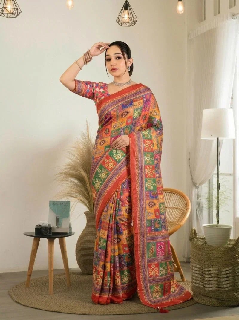 Multi-Color Ajrakh Printed Satin Crape Saree with Real Mirror Work -FALL and PICO Stitched and Unstitched Blouse Piece