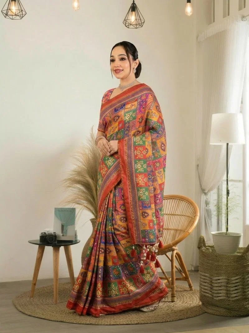 Multi-Color Ajrakh Printed Satin Crape Saree with Real Mirror Work -FALL and PICO Stitched and Unstitched Blouse Piece