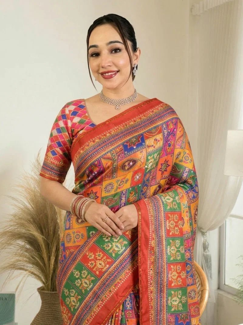Multi-Color Ajrakh Printed Satin Crape Saree with Real Mirror Work -FALL and PICO Stitched and Unstitched Blouse Piece