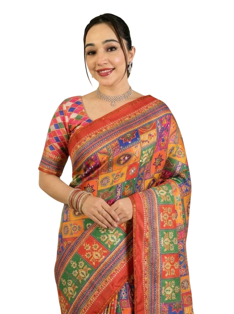 Multi-Color Ajrakh Printed Satin Crape Saree with Real Mirror Work -FALL and PICO Stitched and Unstitched Blouse Piece