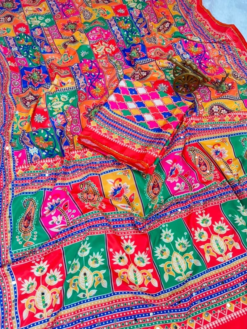 Multi-Color Ajrakh Printed Satin Crape Saree with Real Mirror Work -FALL and PICO Stitched and Unstitched Blouse Piece