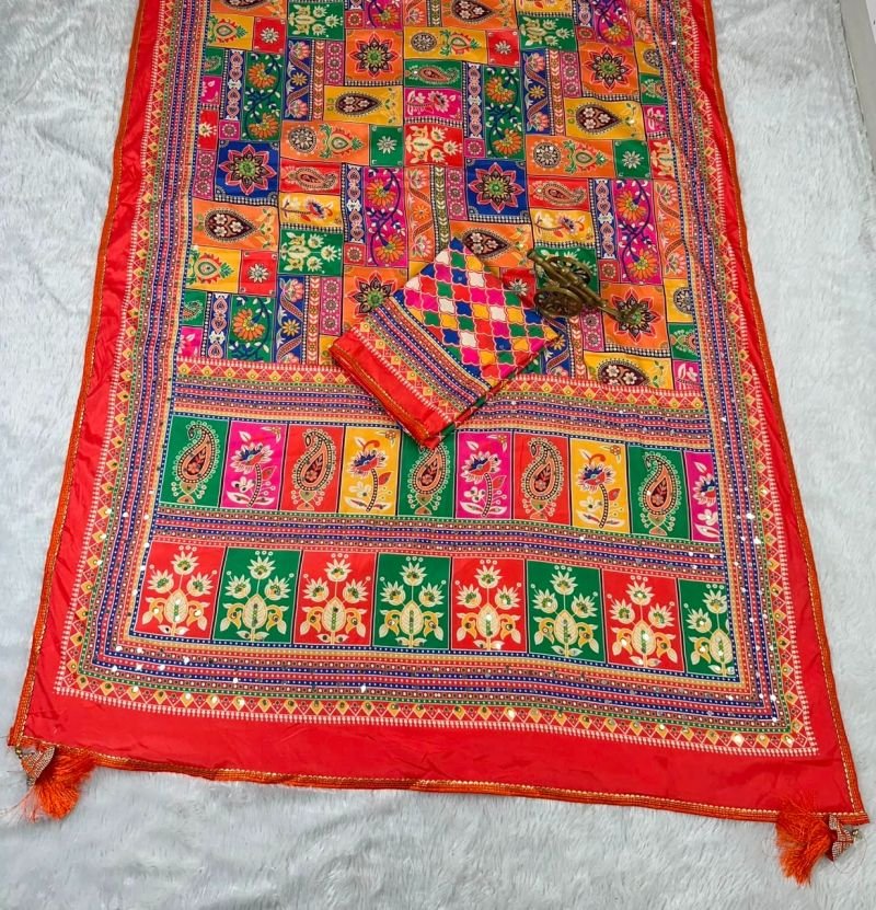 Multi-Color Ajrakh Printed Satin Crape Saree with Real Mirror Work -FALL and PICO Stitched and Unstitched Blouse Piece