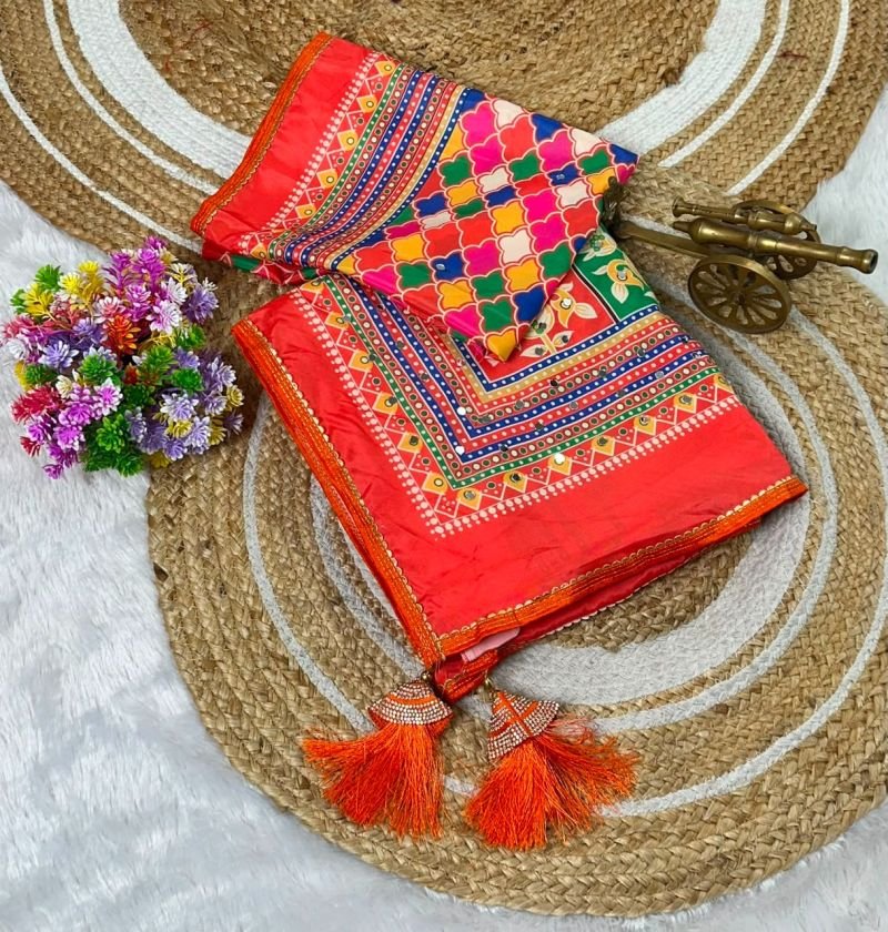 Multi-Color Ajrakh Printed Satin Crape Saree with Real Mirror Work -FALL and PICO Stitched and Unstitched Blouse Piece