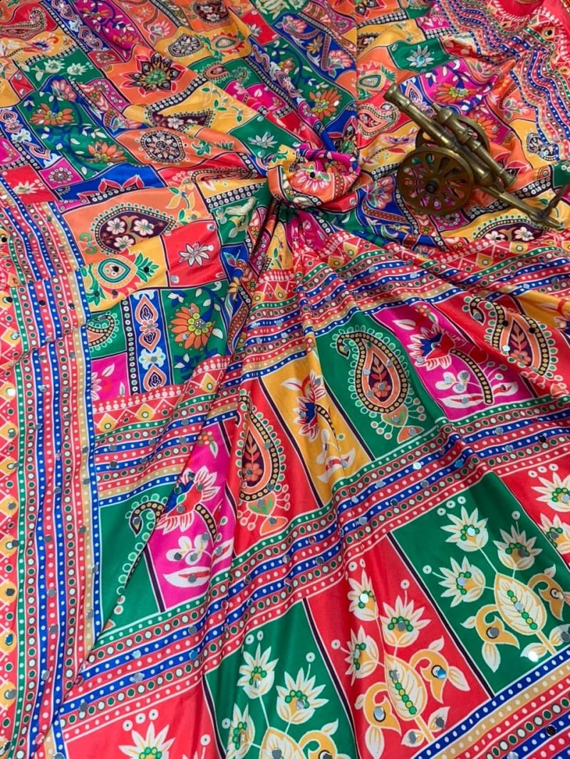 Multi-Color Ajrakh Printed Satin Crape Saree with Real Mirror Work -FALL and PICO Stitched and Unstitched Blouse Piece