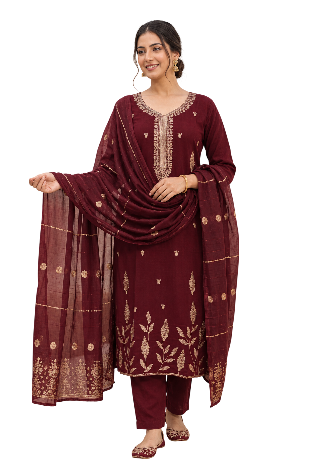 Women's Roman Fabric Embroidered Kurta with Pant and Jacquard Dupatta Set (Maroon)