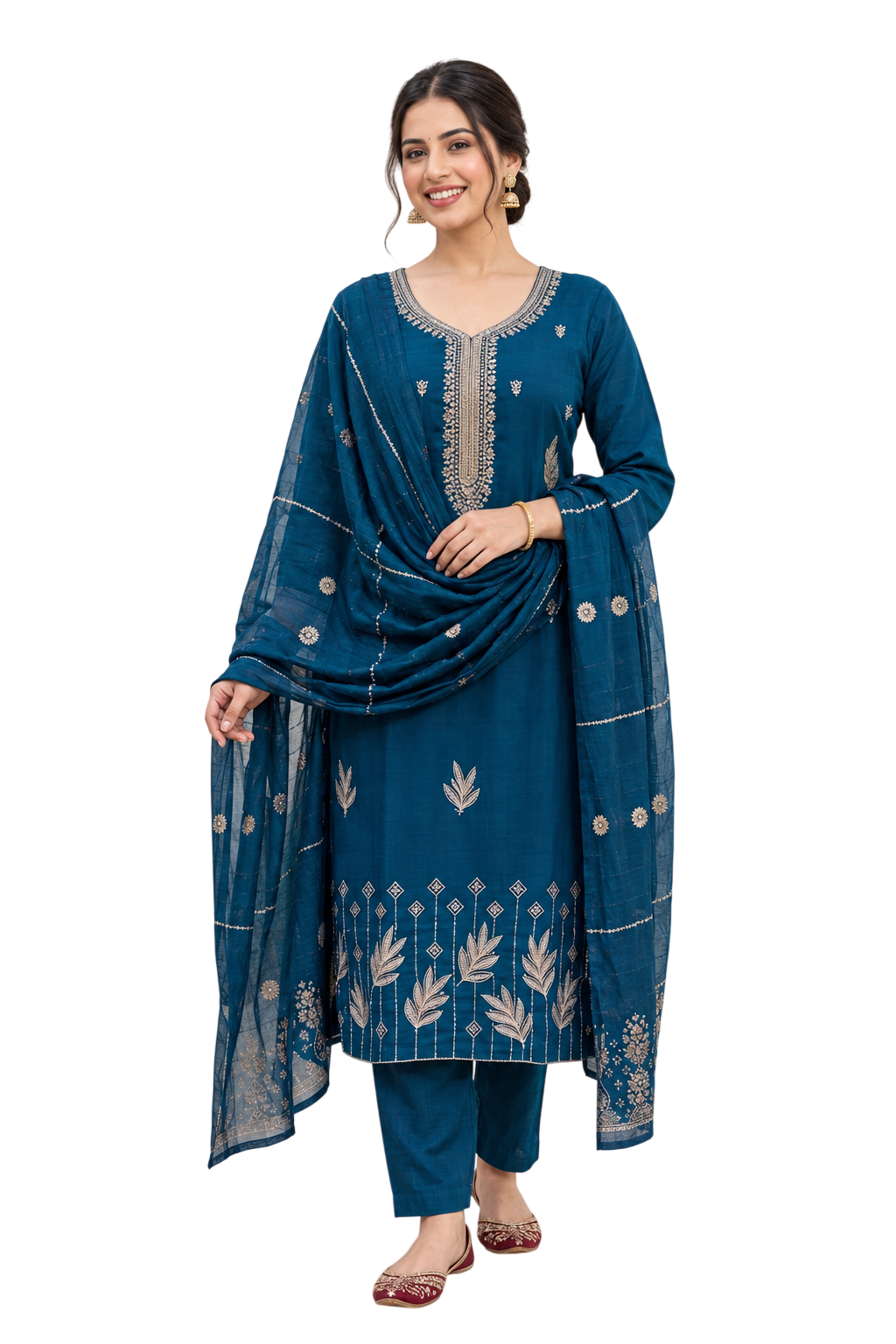 Women's Roman Fabric Embroidered Kurta with Pant and Jacquard Dupatta Set (Teal Blue)