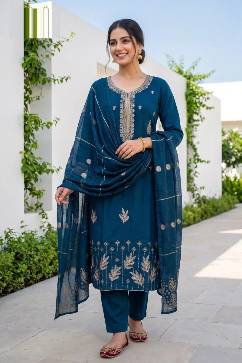 Women's Roman Fabric Embroidered Kurta with Pant and Jacquard Dupatta Set (Teal Blue)