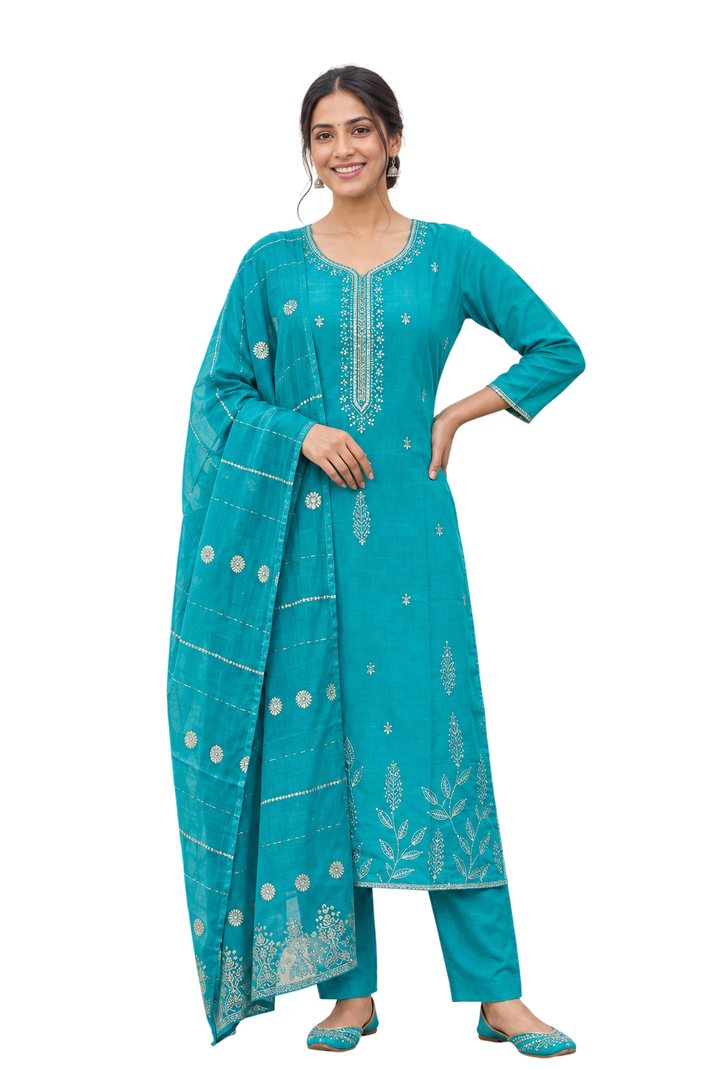 Women's Roman Fabric Embroidered Kurta with Pant and Jacquard Dupatta Set(Blue)
