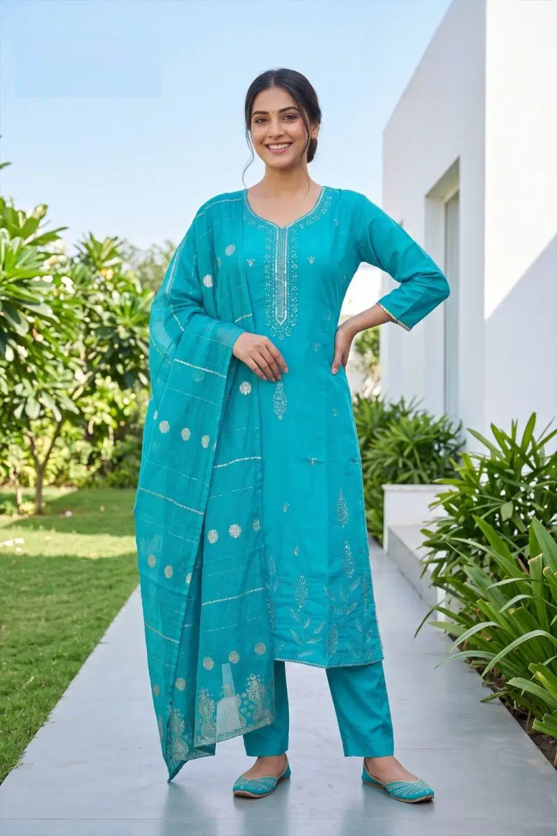 Women's Roman Fabric Embroidered Kurta with Pant and Jacquard Dupatta Set(Blue)