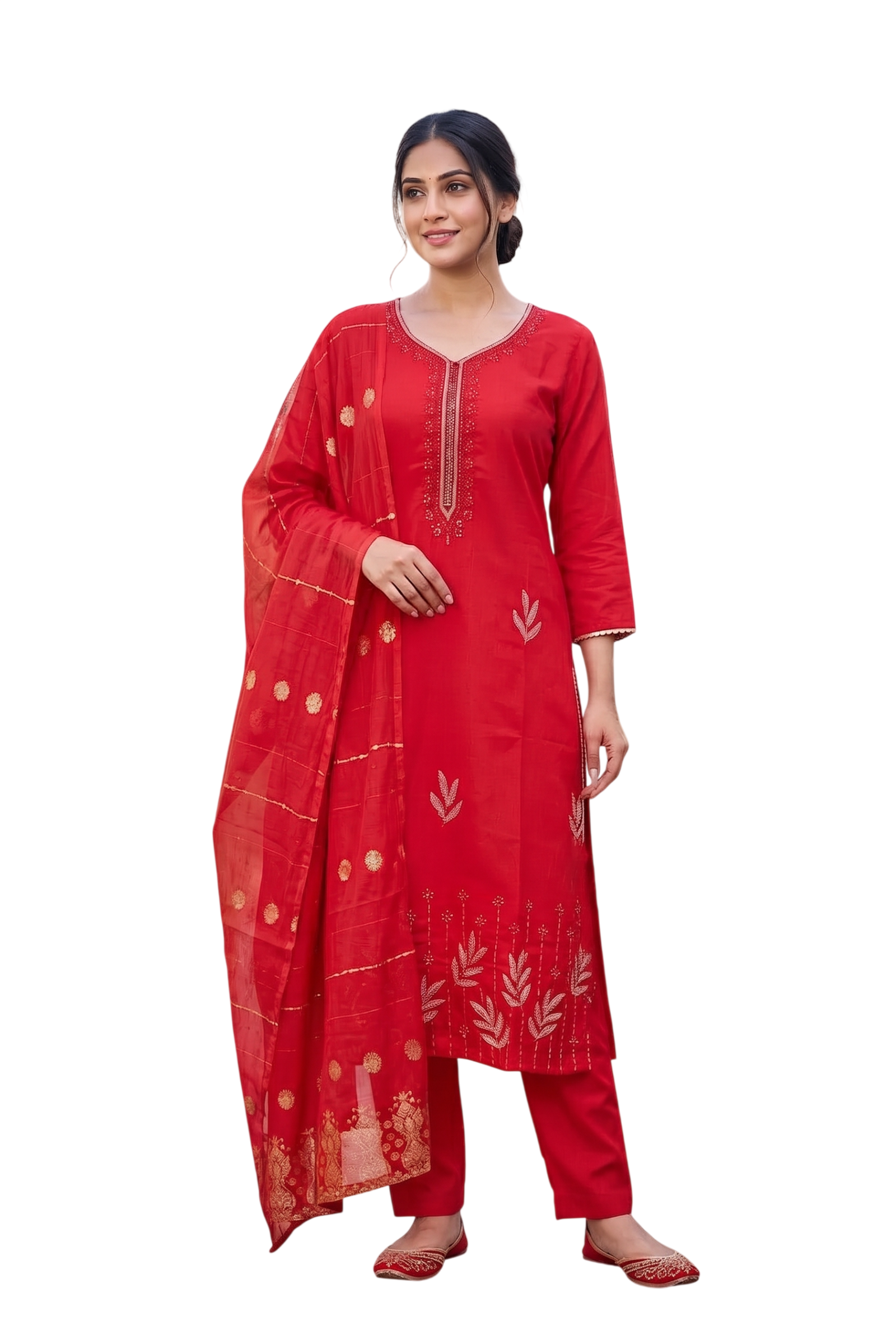 Women's Roman Fabric Embroidered Kurta with Pant and Jacquard Dupatta Set(Red)
