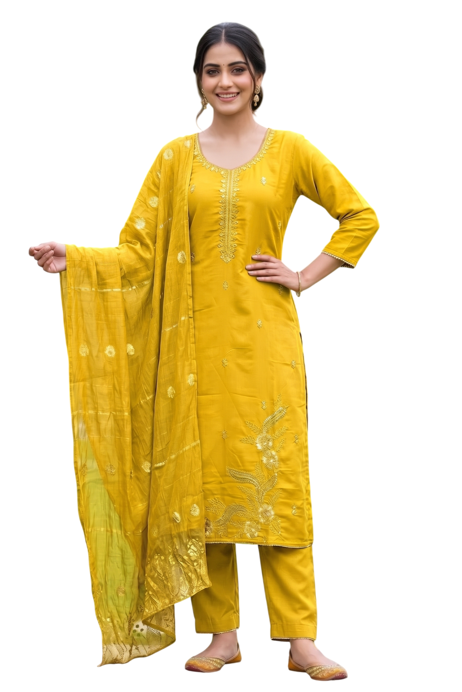 Women's Roman Fabric Embroidered Kurta with Pant and Jacquard Dupatta Set (Yellow)