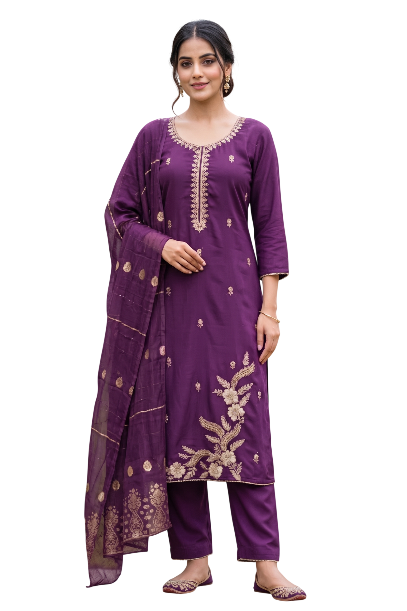 Women's Roman Fabric Embroidered Kurta with Pant and Jacquard Dupatta Set(Purple)