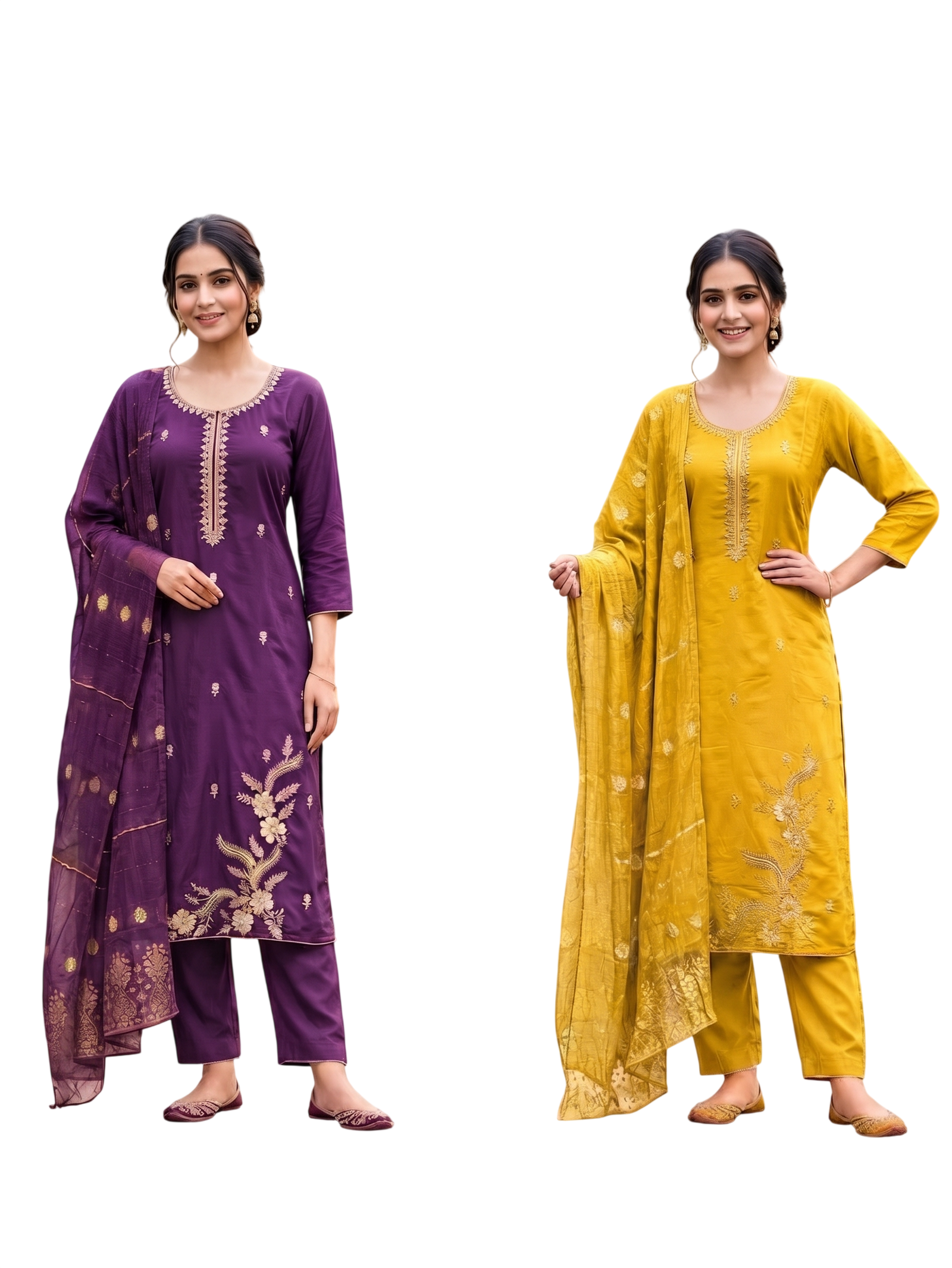 Women's Roman Fabric Embroidered Kurta with Pant and Jacquard Dupatta Set(Purple)