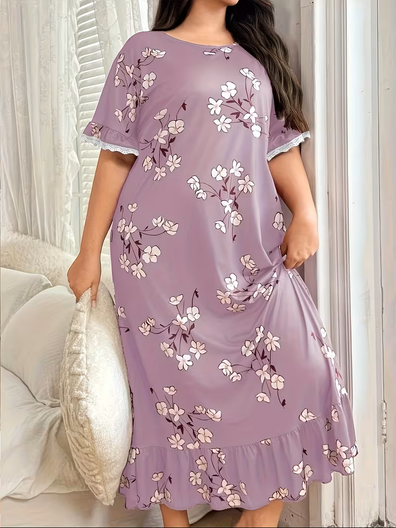 Women's Plus Size Floral Print Nightgown – Short Sleeve Round Neck House Dress or Nighty with Ruffle Hem & Lace Trim – Ultra-Comfortable Loungewear and Sleepwear (Purple)