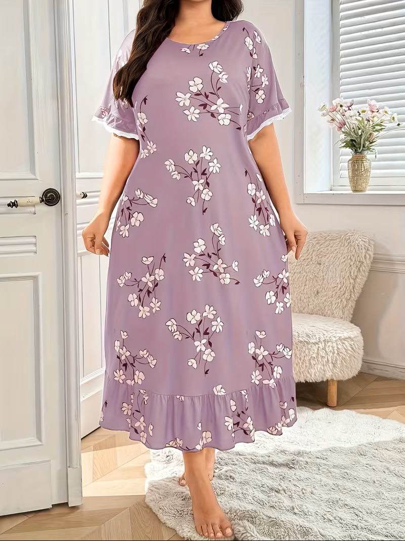 Women's Plus Size Floral Print Nightgown – Short Sleeve Round Neck House Dress or Nighty with Ruffle Hem & Lace Trim – Ultra-Comfortable Loungewear and Sleepwear (Purple)