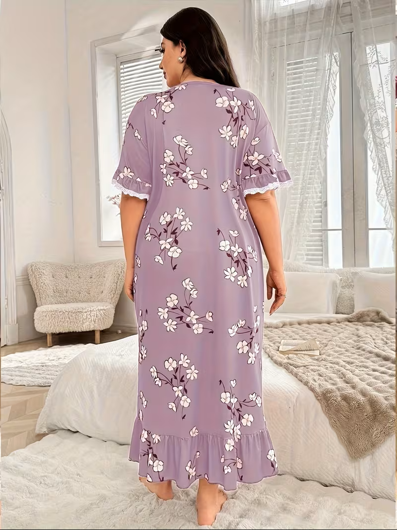 Women's Plus Size Floral Print Nightgown – Short Sleeve Round Neck House Dress or Nighty with Ruffle Hem & Lace Trim – Ultra-Comfortable Loungewear and Sleepwear (Purple)