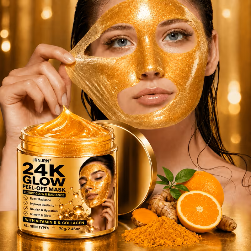 24K Gold Glow Peel-Off Face Mask – Luxury Hydrating & Firming Gel Mask with Collagen, Vitamin E, Vitamin C & Turmeric Extract, Anti-Aging Brightening At-Home Spa Facial Treatment for All Skin Types, 7