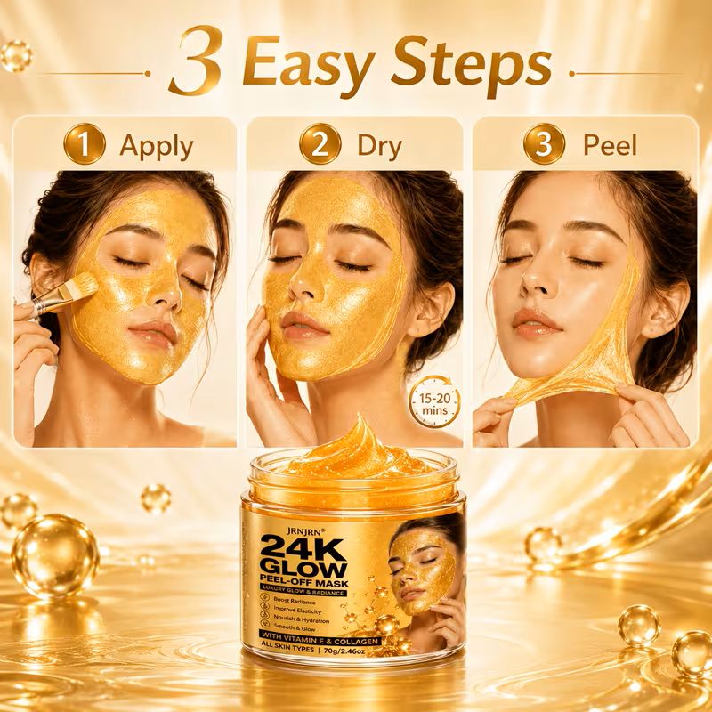 24K Gold Glow Peel-Off Face Mask – Luxury Hydrating & Firming Gel Mask with Collagen, Vitamin E, Vitamin C & Turmeric Extract, Anti-Aging Brightening At-Home Spa Facial Treatment for All Skin Types, 7