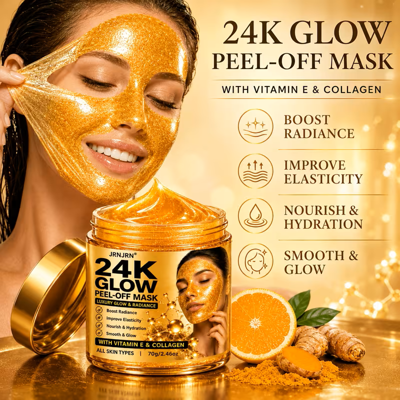 24K Gold Glow Peel-Off Face Mask – Luxury Hydrating & Firming Gel Mask with Collagen, Vitamin E, Vitamin C & Turmeric Extract, Anti-Aging Brightening At-Home Spa Facial Treatment for All Skin Types, 7
