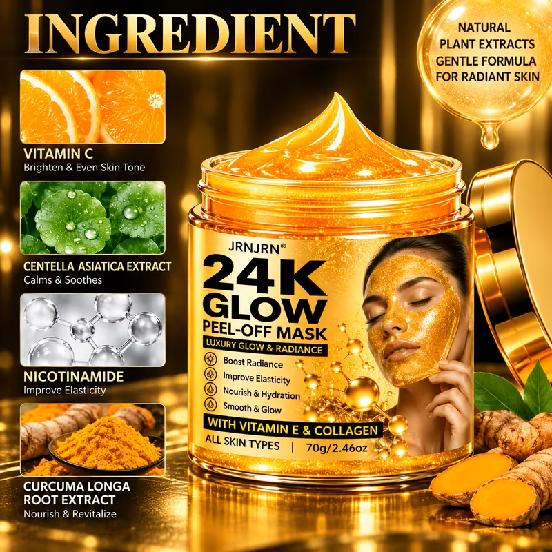 24K Gold Glow Peel-Off Face Mask – Luxury Hydrating & Firming Gel Mask with Collagen, Vitamin E, Vitamin C & Turmeric Extract, Anti-Aging Brightening At-Home Spa Facial Treatment for All Skin Types, 7