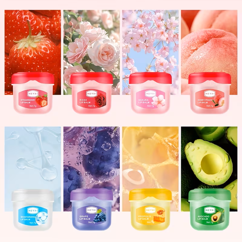 8-Piece Fruit & Plant Flavored Lip Balm & Hydrating Lip Mask Set – 7g Each, Anti-Dry Moisturizing Lip Care Collection with Strawberry, Rose, Sakura, Peach, Grape, Propolis & Avocado for Soft, Smooth