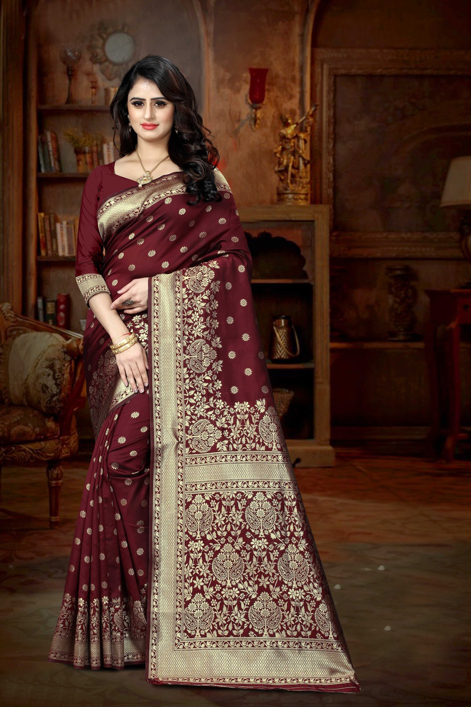 Banarasi Silk Saree Saree| Fall & Pico Stitched | Traditional Zari Weaving & Rich Pallu