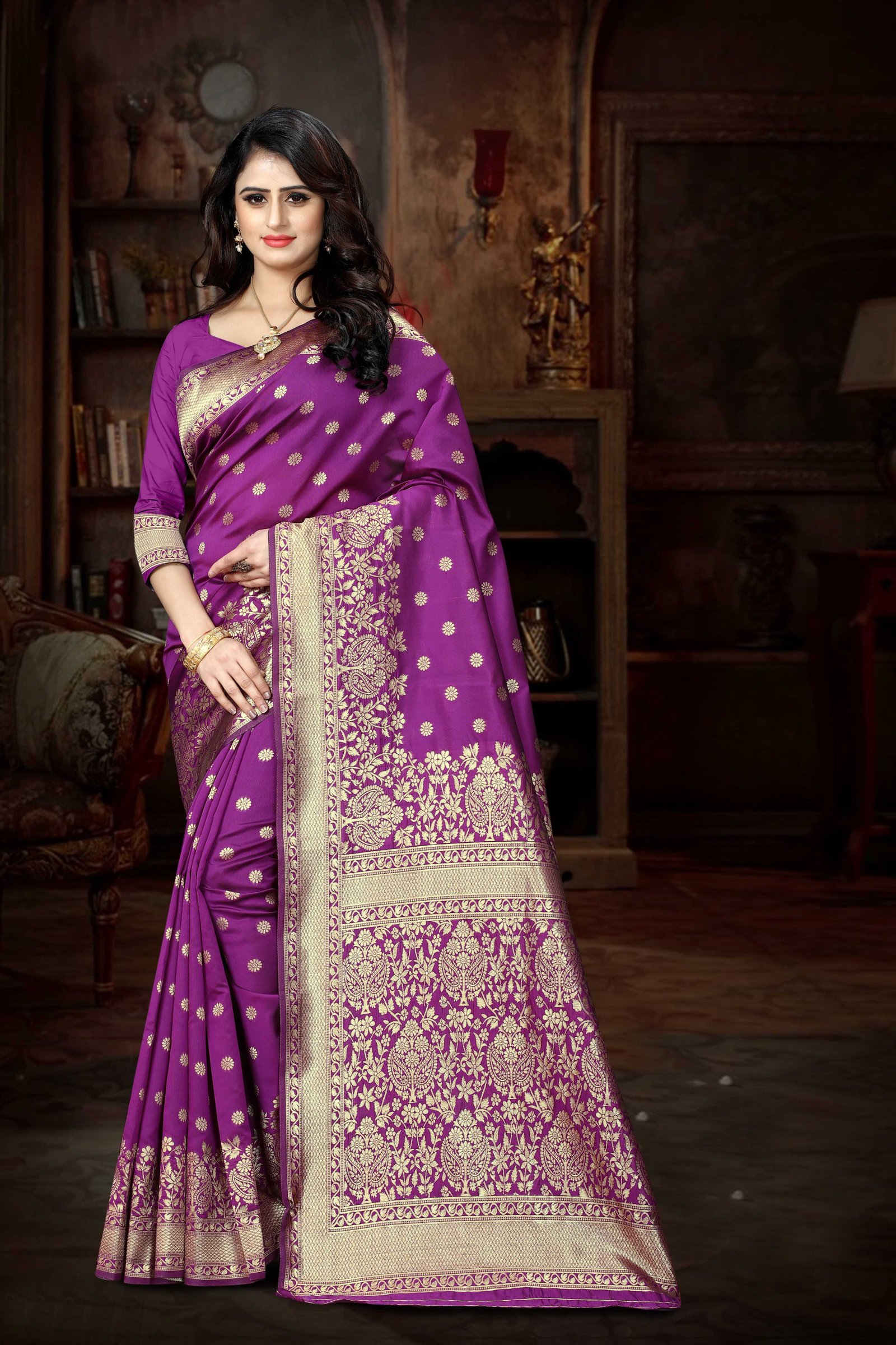 Banarasi Silk Saree Saree| Fall & Pico Stitched | Traditional Zari Weaving & Rich Pallu