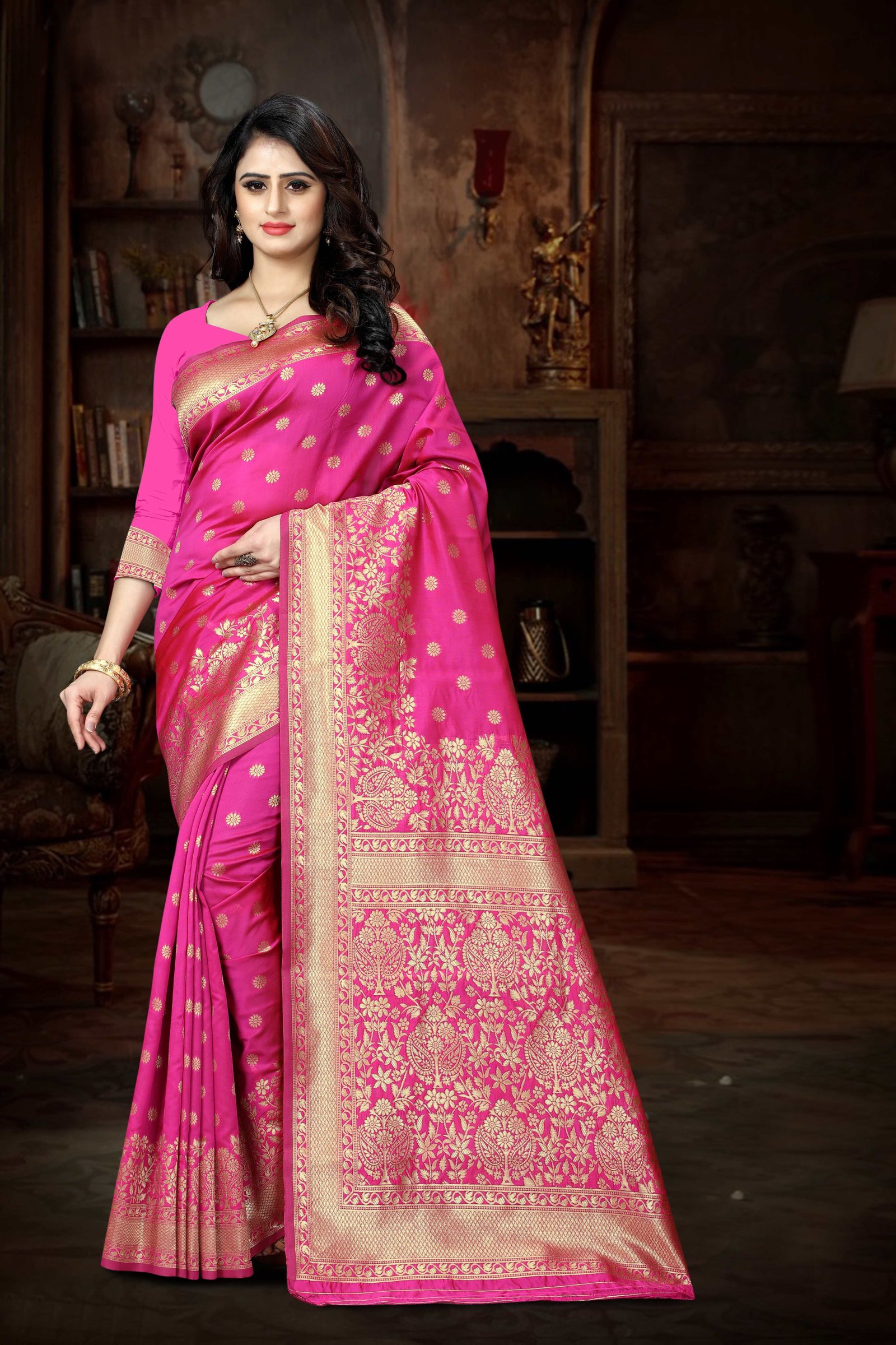 Banarasi Silk Saree Saree| Fall & Pico Stitched | Traditional Zari Weaving & Rich Pallu