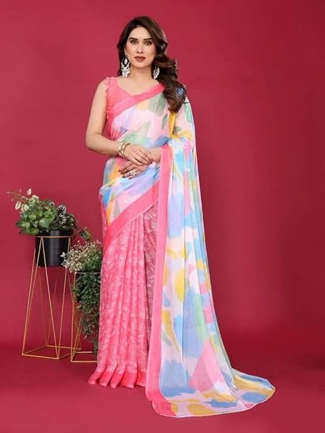 Ready To Wear Saree | Chiffon Silk Saree, Women's Moss Chiffon Silk Printed Saree with Unstitched Blouse Piece |  Daily Wear, Festive, & Casual Occasions
