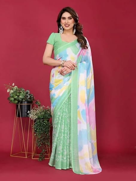 Ready To Wear Saree | Chiffon Silk Saree, Women's Moss Chiffon Silk Printed Saree with Unstitched Blouse Piece |  Daily Wear, Festive, & Casual Occasions