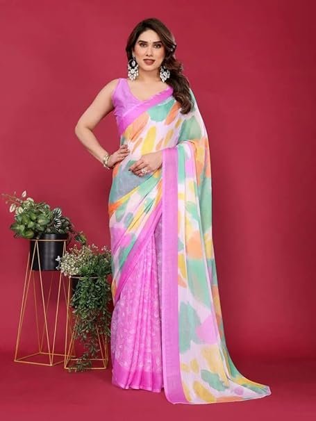 Ready To Wear Saree | Chiffon Silk Saree, Women's Moss Chiffon Silk Printed Saree with Unstitched Blouse Piece |  Daily Wear, Festive, & Casual Occasions