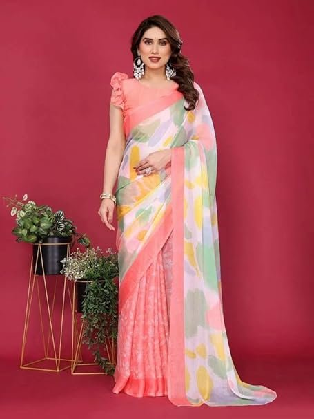 Ready To Wear Saree | Chiffon Silk Saree, Women's Moss Chiffon Silk Printed Saree with Unstitched Blouse Piece |  Daily Wear, Festive, & Casual Occasions