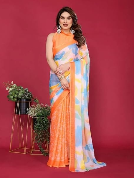 Ready To Wear Saree | Chiffon Silk Saree, Women's Moss Chiffon Silk Printed Saree with Unstitched Blouse Piece |  Daily Wear, Festive, & Casual Occasions