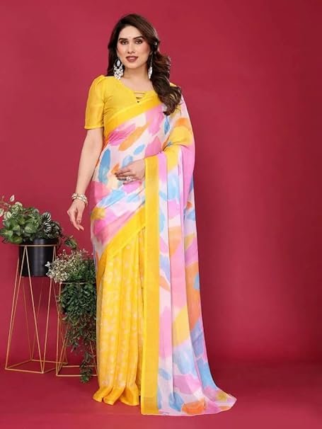 Ready To Wear Saree | Chiffon Silk Saree, Women's Moss Chiffon Silk Printed Saree with Unstitched Blouse Piece |  Daily Wear, Festive, & Casual Occasions