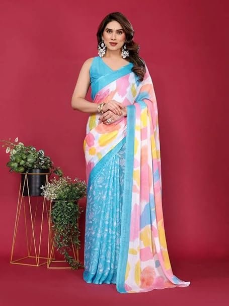 Ready To Wear Saree | Chiffon Silk Saree, Women's Moss Chiffon Silk Printed Saree with Unstitched Blouse Piece |  Daily Wear, Festive, & Casual Occasions