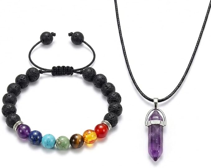 7 Chakra Adjustable Bracelet & Pendant Necklace Set – Natural Lava Rock Diffuser Bracelet & Natural stone Chakra Necklace(Random Color) – Healing Crystal Jewelry for Anxiety Relief, Meditation