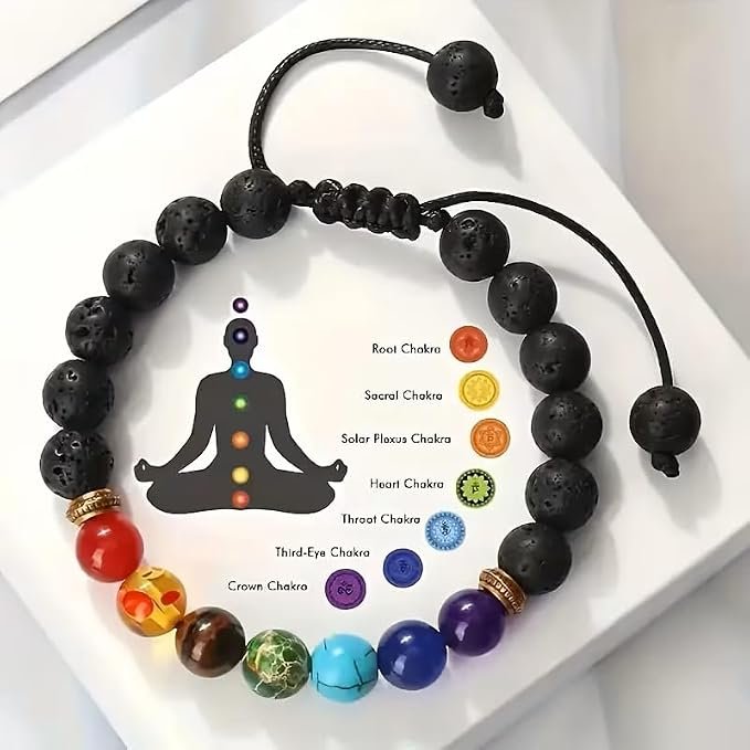 7 Chakra Adjustable Bracelet & Pendant Necklace Set – Natural Lava Rock Diffuser Bracelet & Natural stone Chakra Necklace(Random Color) – Healing Crystal Jewelry for Anxiety Relief, Meditation