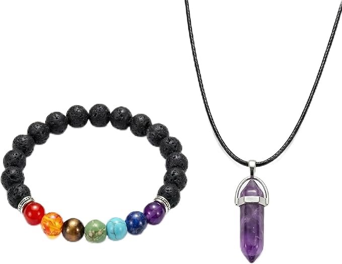 7 Chakra Bracelet & Pendant Necklace Set – Natural Lava Rock Diffuser Bracelet & Natural stone Chakra Necklace(Random Color) – Healing Crystal Jewelry for Anxiety Relief, Meditation