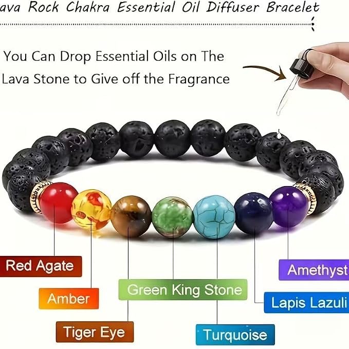 7 Chakra Bracelet & Pendant Necklace Set – Natural Lava Rock Diffuser Bracelet & Natural stone Chakra Necklace(Random Color) – Healing Crystal Jewelry for Anxiety Relief, Meditation