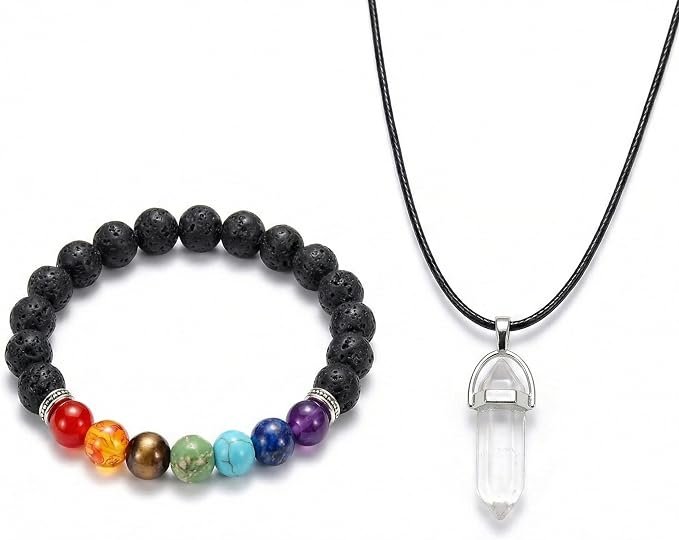 7 Chakra Bracelet & Pendant Necklace Set – Natural Lava Rock Diffuser Bracelet & Natural stone Chakra Necklace(Random Color) – Healing Crystal Jewelry for Anxiety Relief, Meditation