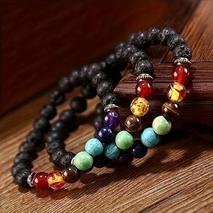 7 Chakra Bracelet & Pendant Necklace Set – Natural Lava Rock Diffuser Bracelet & Natural stone Chakra Necklace(Random Color) – Healing Crystal Jewelry for Anxiety Relief, Meditation