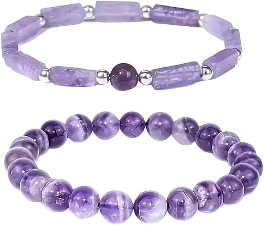 2PC Genuine Natural Stone Crystal Bracelets | Healing Energy Gemstone Beads (Amethyst, Tiger Eye, Rose Quartz, Agate, Citrine) | Unisex Stress Relief & Good Luck Jewelry Gift (2PC Amethyst)