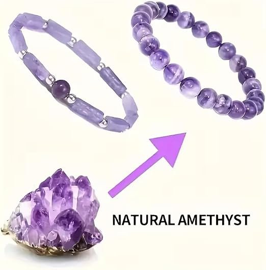 2PC Genuine Natural Stone Crystal Bracelets | Healing Energy Gemstone Beads (Amethyst, Tiger Eye, Rose Quartz, Agate, Citrine) | Unisex Stress Relief & Good Luck Jewelry Gift (2PC Amethyst)