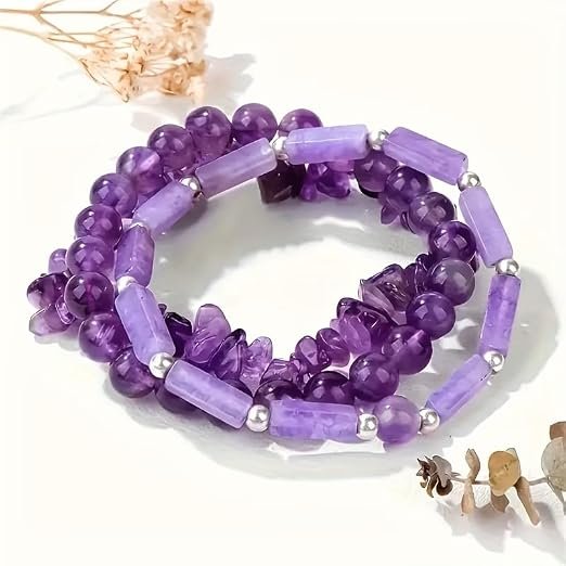 2PC Genuine Natural Stone Crystal Bracelets | Healing Energy Gemstone Beads (Amethyst, Tiger Eye, Rose Quartz, Agate, Citrine) | Unisex Stress Relief & Good Luck Jewelry Gift (2PC Amethyst)