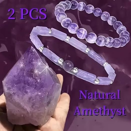 2PC Genuine Natural Stone Crystal Bracelets | Healing Energy Gemstone Beads (Amethyst, Tiger Eye, Rose Quartz, Agate, Citrine) | Unisex Stress Relief & Good Luck Jewelry Gift (2PC Amethyst)