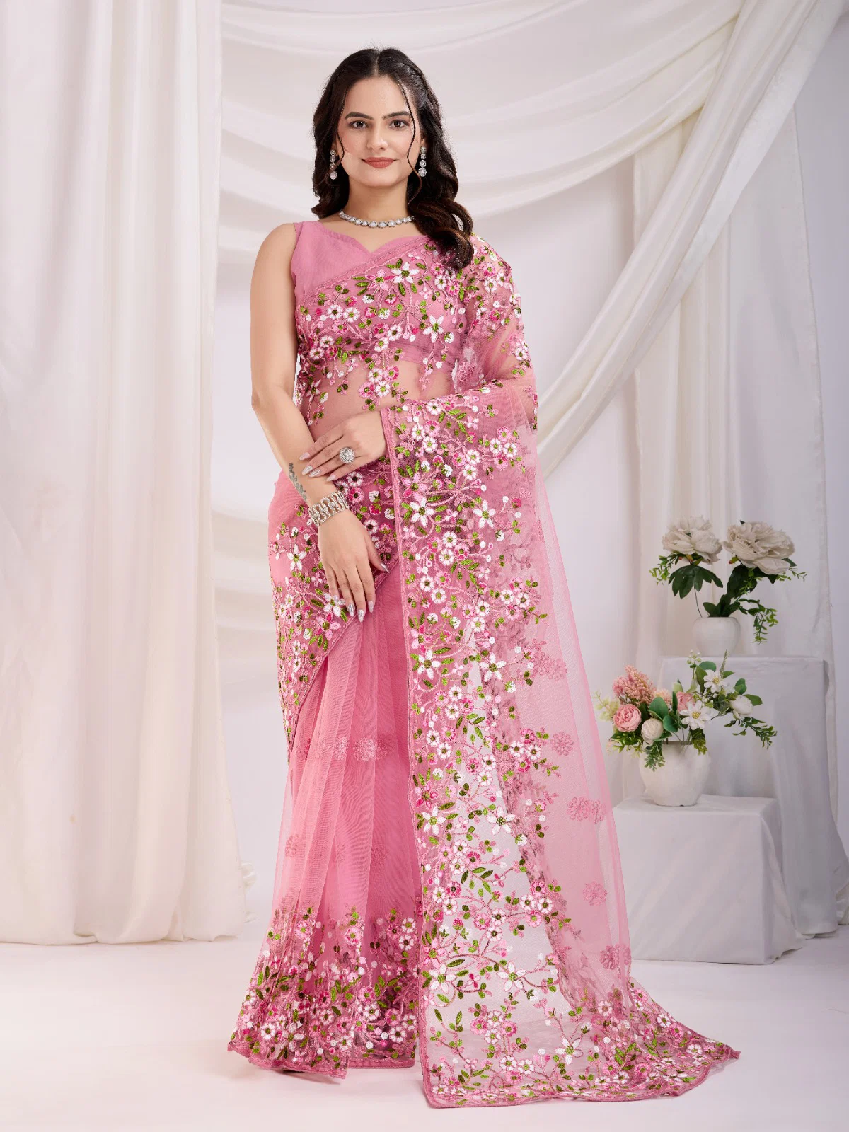 Net Thread Embroidery Party Wear Saree VF-Net-Vaamika21
