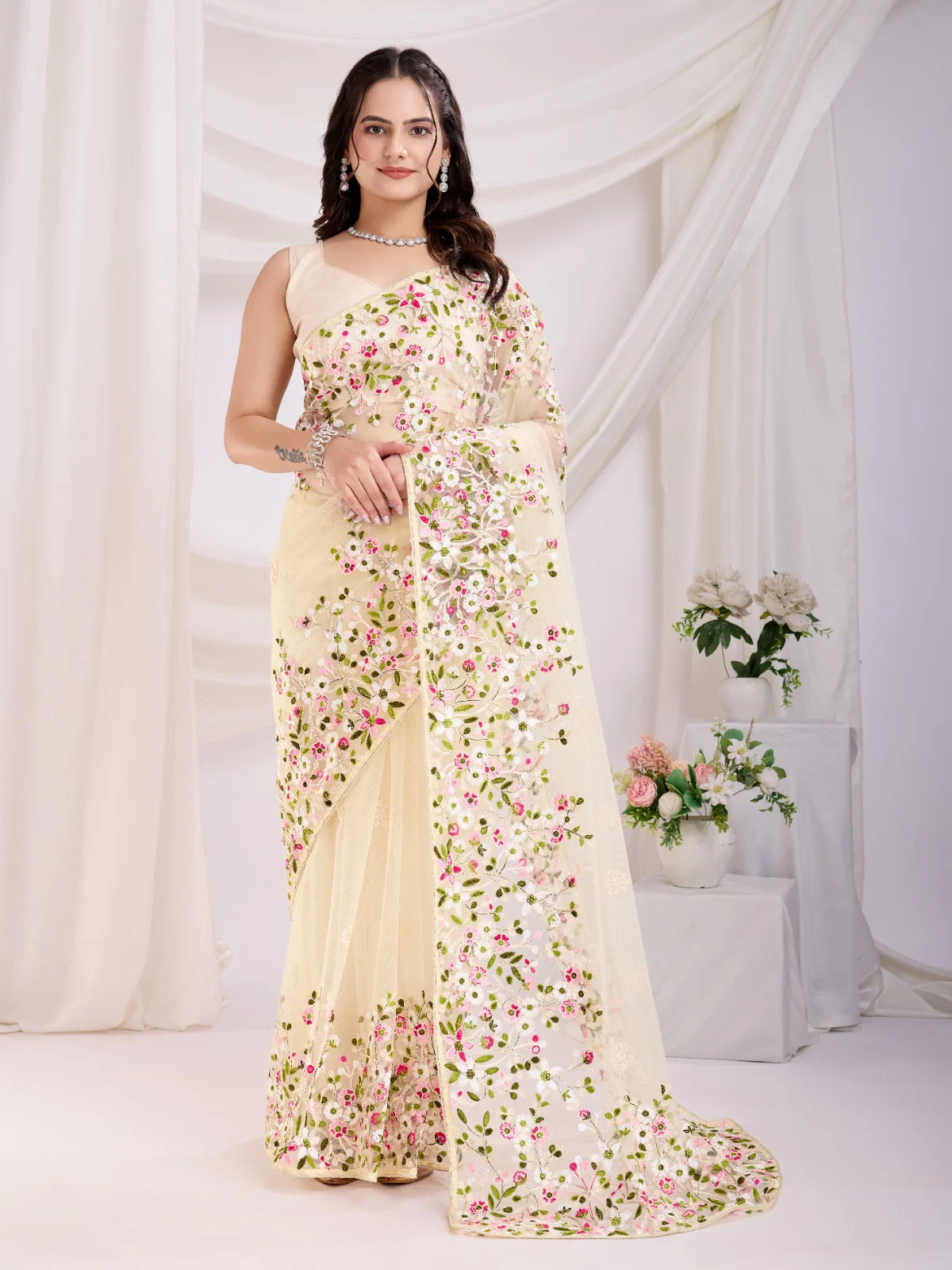 Net Thread Embroidery Party Wear Saree VF-Net-Vaamika21